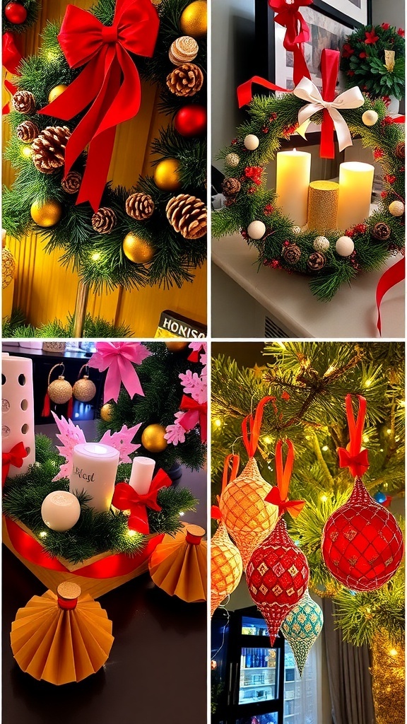 A collection of handmade Christmas decorations including a wreath, table centerpiece, and paper ornaments.